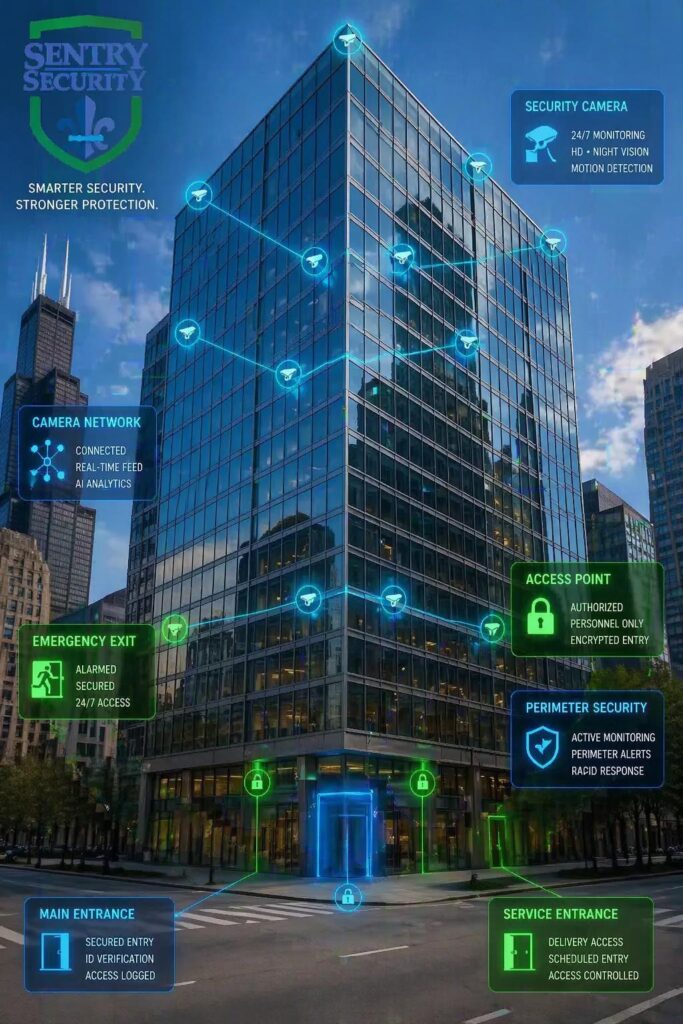 Integrated security system installation for a Chicago commercial building. 